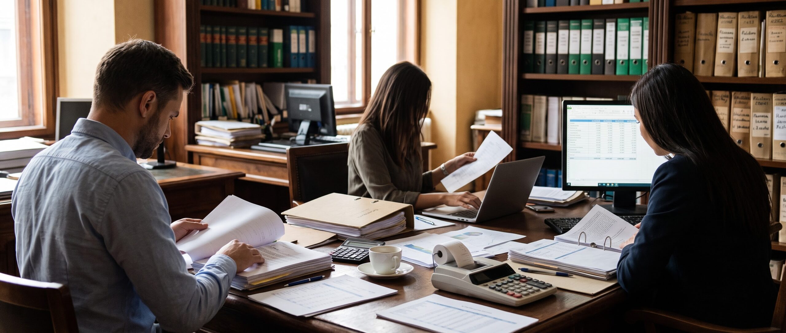 Contabilità online: professionisti al lavoro con documenti e conti