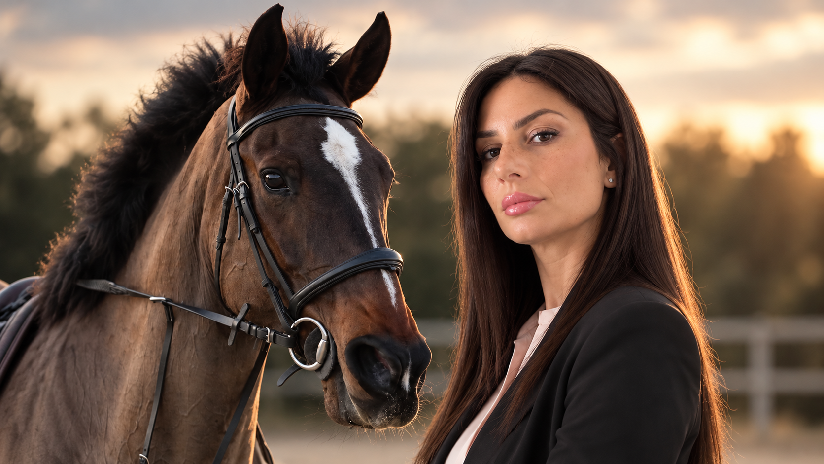 Daniela Carafa, consulente del lavoro di Studio Carafa per associazioni sportive, accanto a un cavallo al tramonto